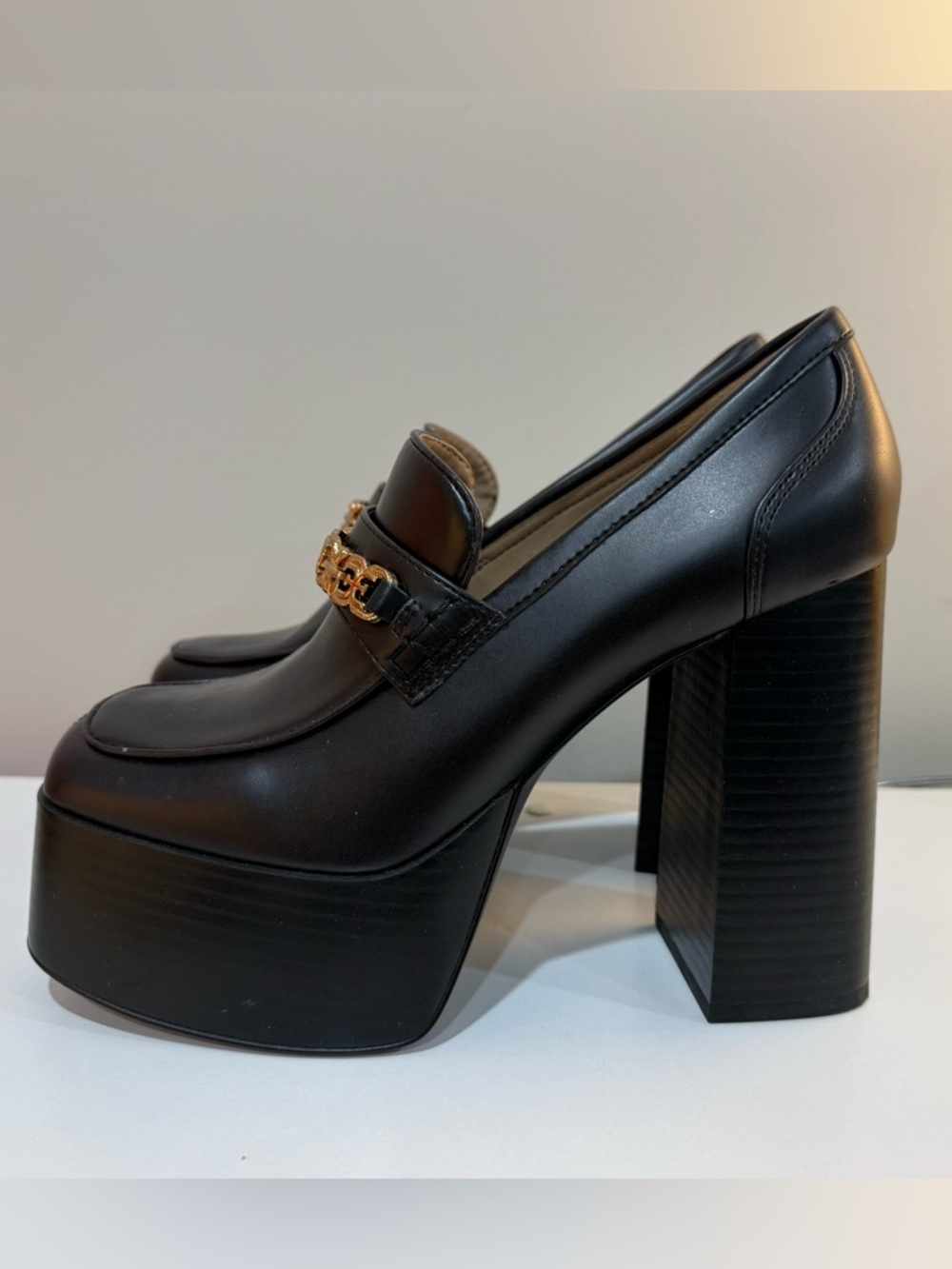 Sam Edelman Black Leather Platform Loafer with Gold Chain Accent - Picture 5 of 10
